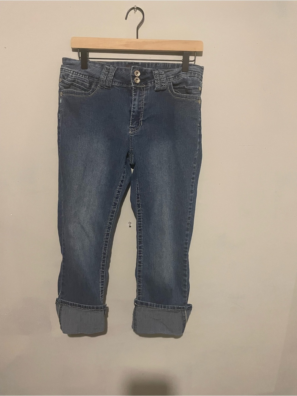 Angels Cropped Double-Button Blue Denim Jeans with Cuffed Hem